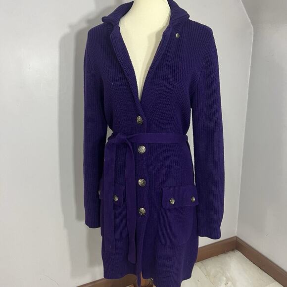 Ralph Lauren Preppy Purple Ribbed Long Cardigan Knit Sweater Belt Pockets Cotton - Picture 12 of 12
